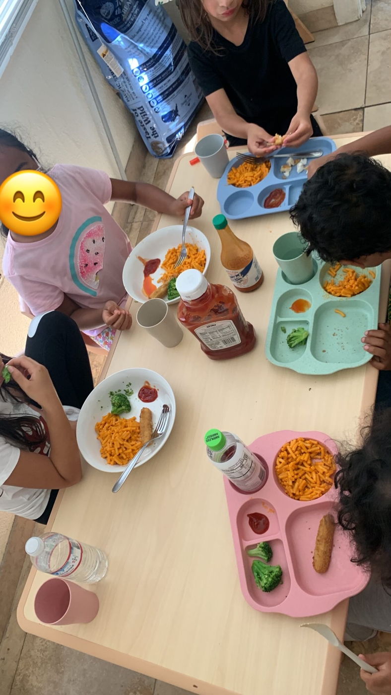 Lunch plates with fish sticks, mac and cheese, fruit, and vegetables
